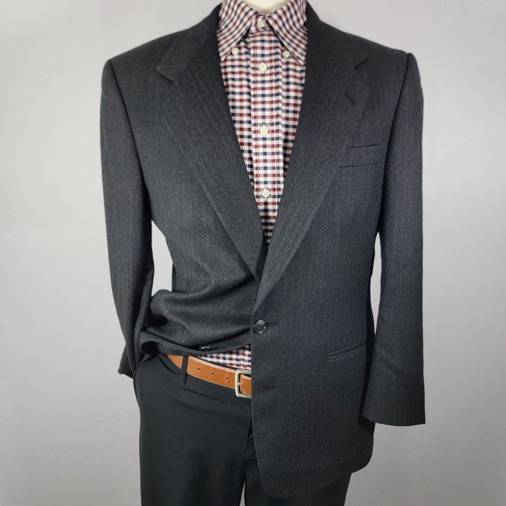 VTG Perry Ellis Mens Tweed Sport Coat Blazer Two Button Ch Black Herringbone 44R